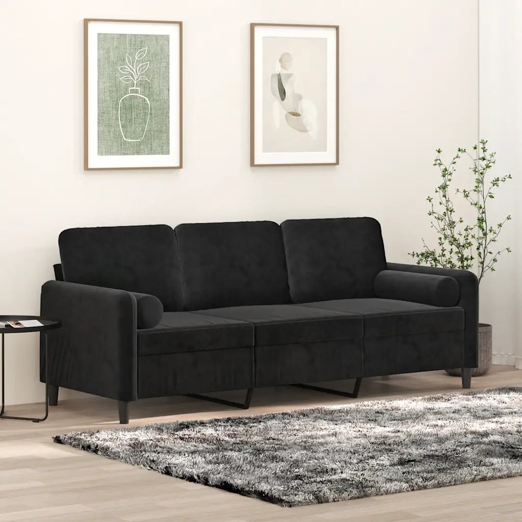 Divano | Divano da soggiorno | Sofa a 3 Posti con Cuscini Nero 180 cm in Velluto