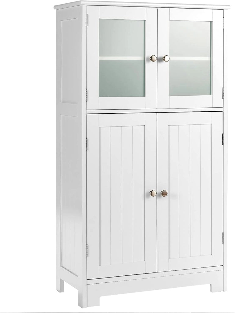 Armadietto del Bagno con 4 Ante, Armadietto con Ante di Vetro, Credenza di Legno con Mensole Regolabili, Organizer Multiuso per Casa Corridoio Salone Ufficio, Bianco