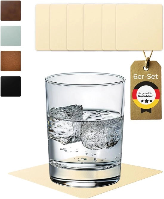 Set di Supporti in Pelle per Vasi Quadrati da 6 - Antiscivolo e Lavabile - Protezione Perfetta per la Tavola - Pelle Beige - Fatto in Germania