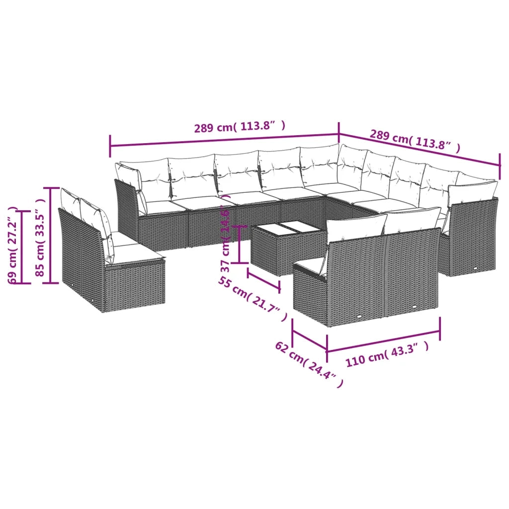 Set Divani da Giardino 14pz con Cuscini in Polyrattan Nero