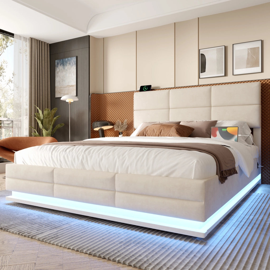 letto in velluto beige 140 x 200 cm