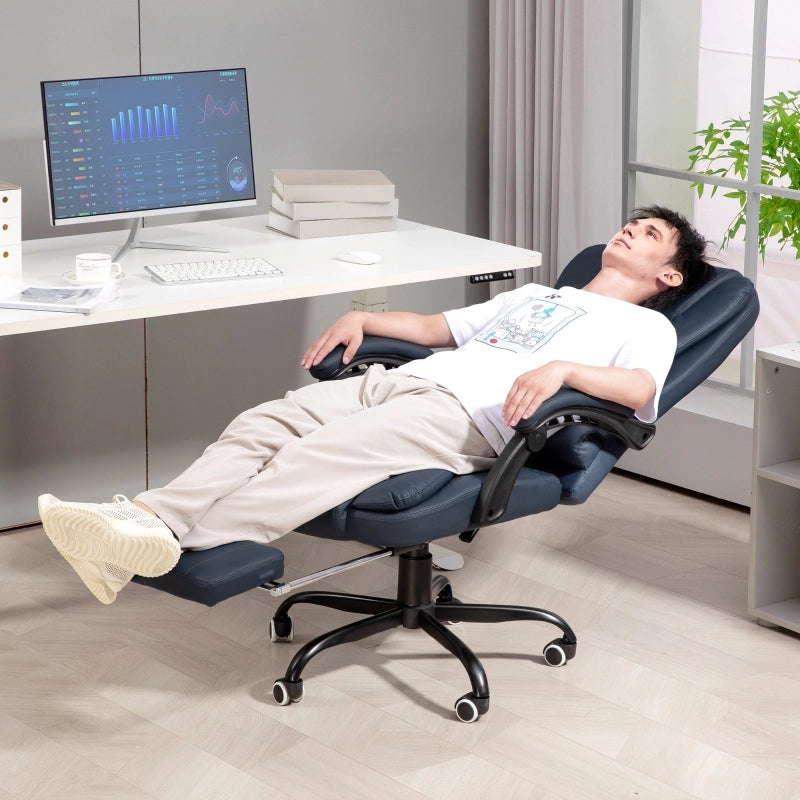 Sedia da Ufficio Massaggiante con Schienale Reclinabile 90°-155°, Poggiapiedi e Cuscino Lombare, in Pelle, Blu, 67 × 67 × 121 cm
