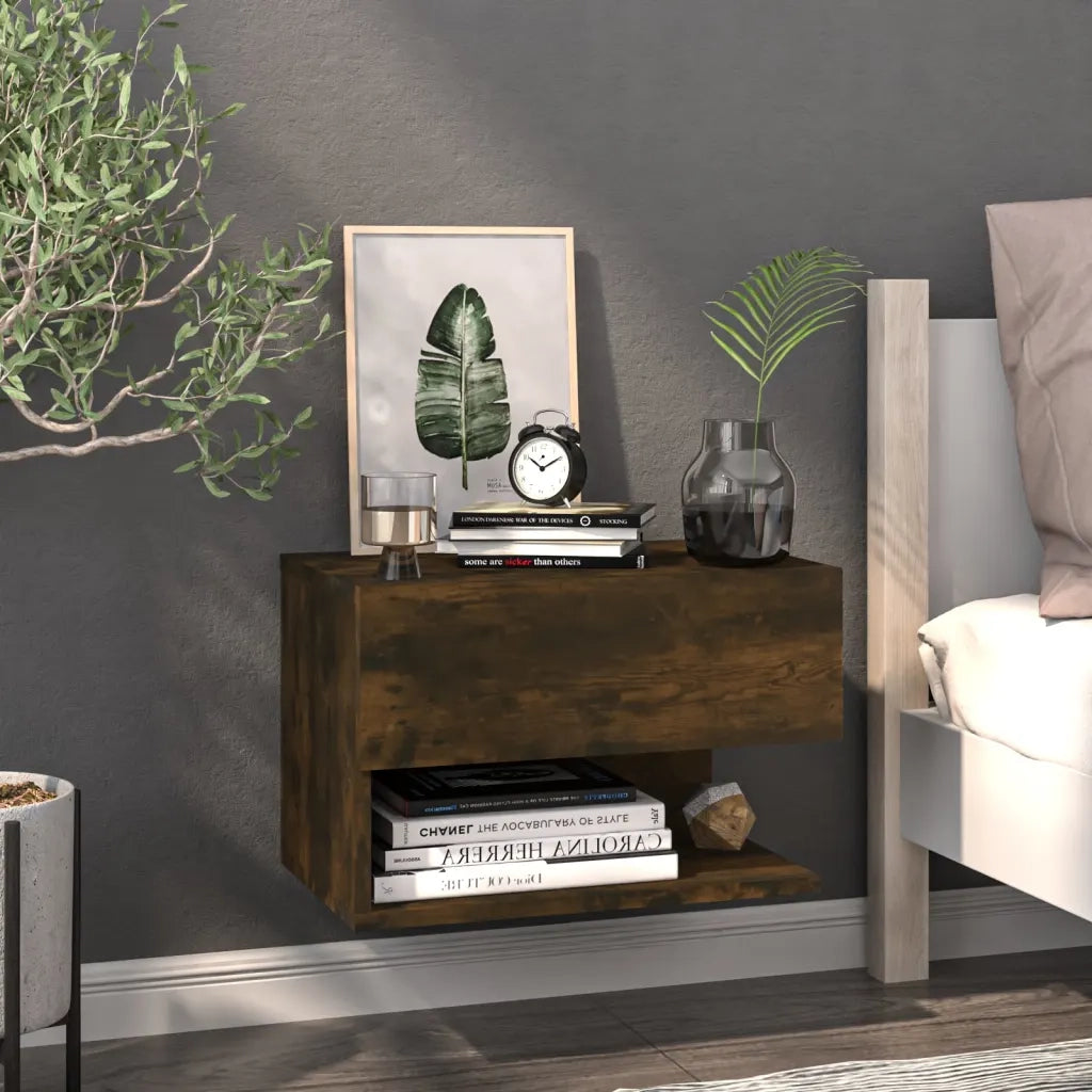 Set di 2 Comodini | Armadio da Notte | Mobiletto da notte a Muro Rovere Fumo