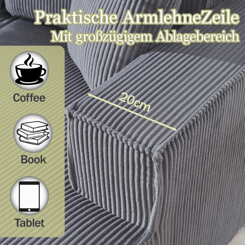 Divano Angolare 2 Posti con Chaise Longue ¨C MINIMAL ¨C Tessuto a Coste, Grigio, Morbido