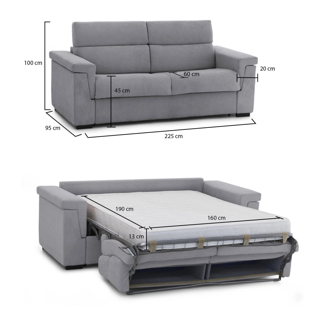 Nus, Divano Letto 3 Posti Sfoderabile Made in Italy, 225x95 cm Grigio