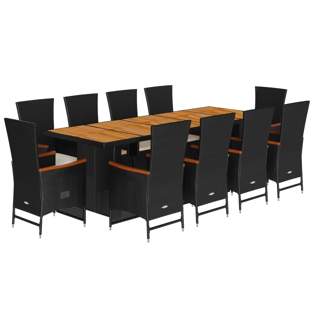 Set da Pranzo da Giardino 11 pz con Cuscini in Polyrattan Nero