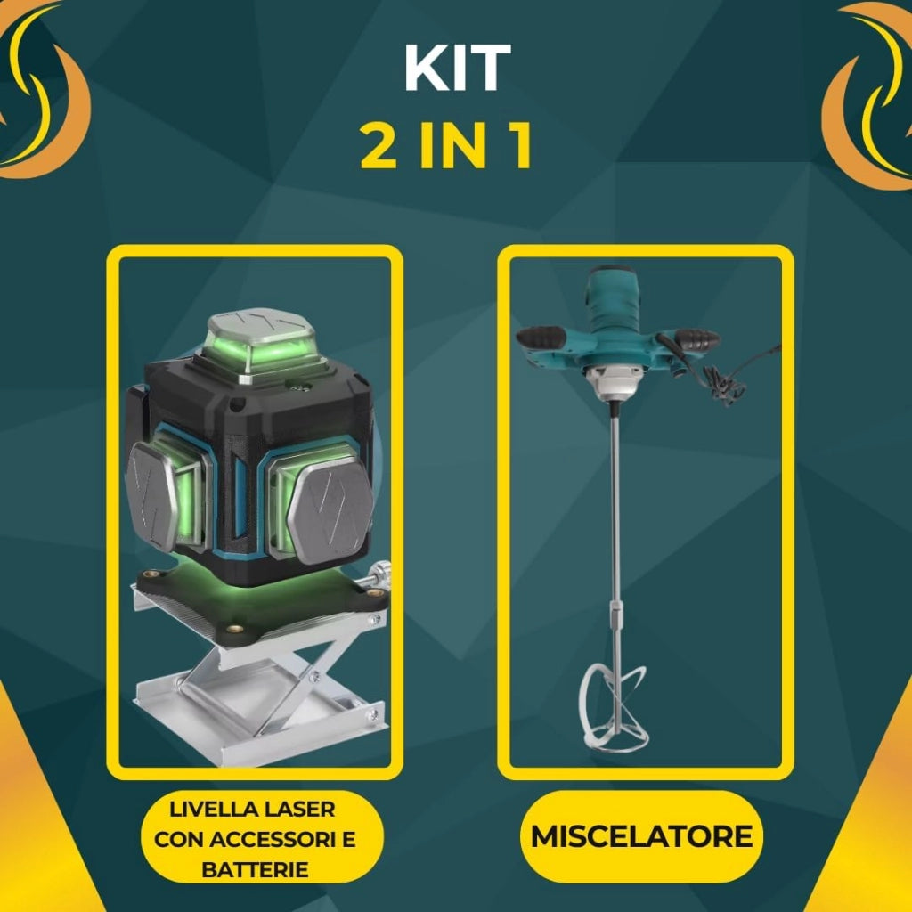 Miscelatore per Malta e Cemento 1600W con 6 Velocità e Attacco M14 + Livella Laser 4D a 16 Linee con Raggio Verde Autolivellante, Kit Professionale 2 in 1.