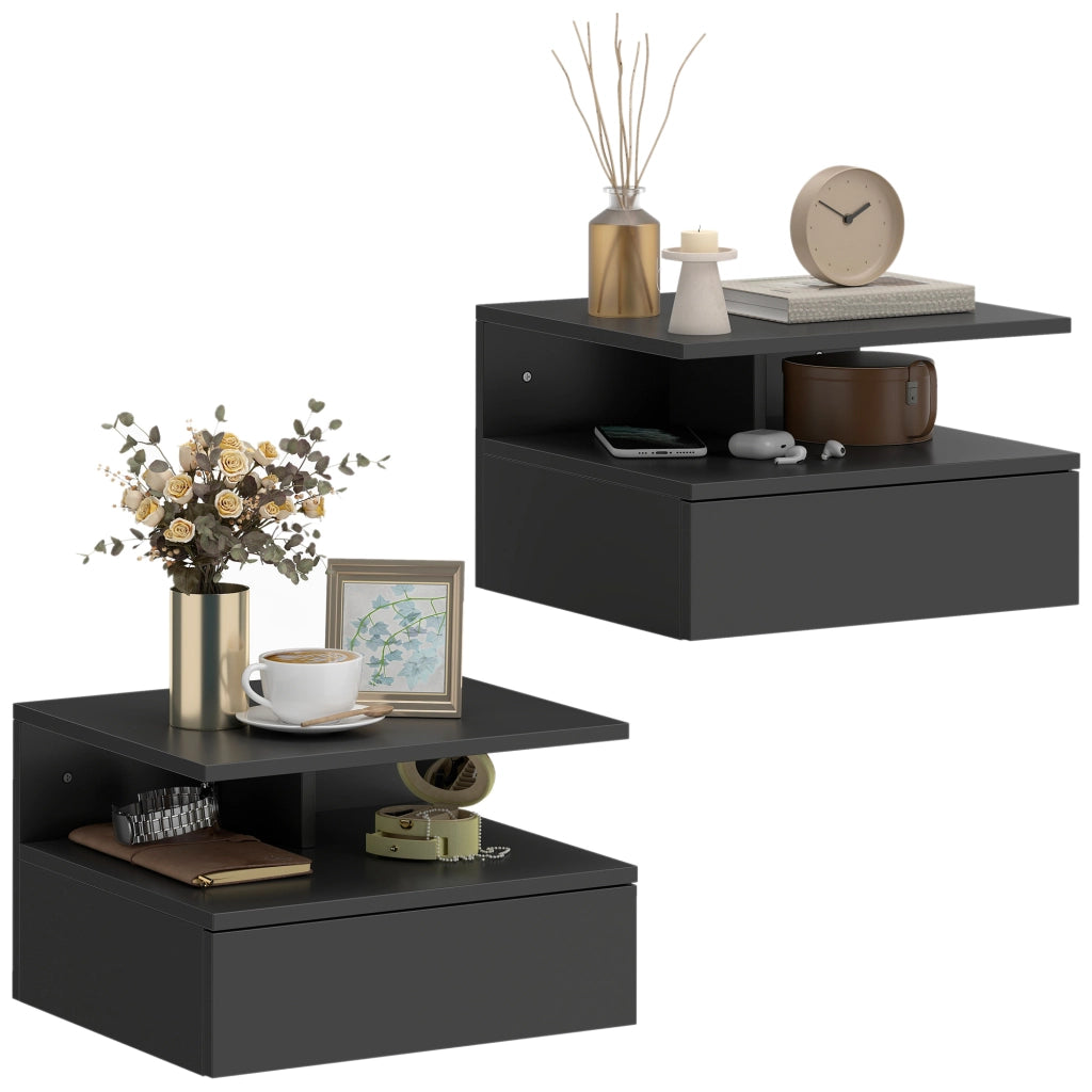 Set 2 Comodini Sospesi Cassetto Parete ¨C Xylo ¨C Nero 35x32x22,5 cm