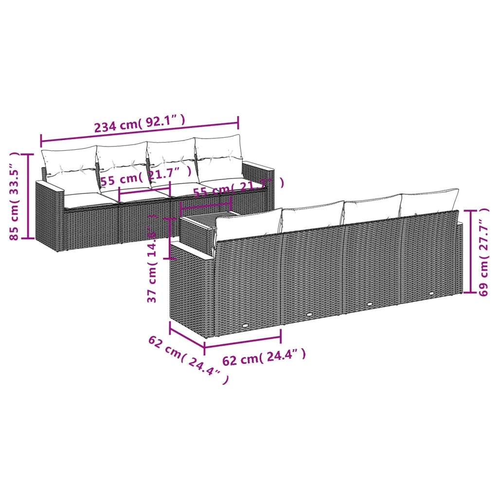 Set Divani da Giardino 9 pz con Cuscini Nero in Polyrattan 3225817