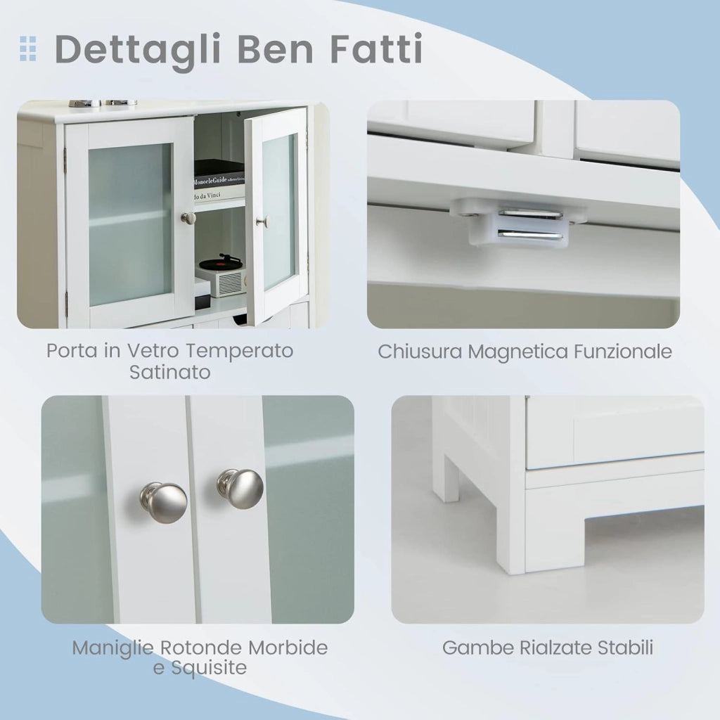 Armadio da Terra con 4 Ante, Mobile da Bagno con 2 Ante in Vetro 2 Cassetti e Ripiani Regolabili, Armadio Multifunzionale per Bagno e Soggiorno, 60x30x128cm (Bianco)