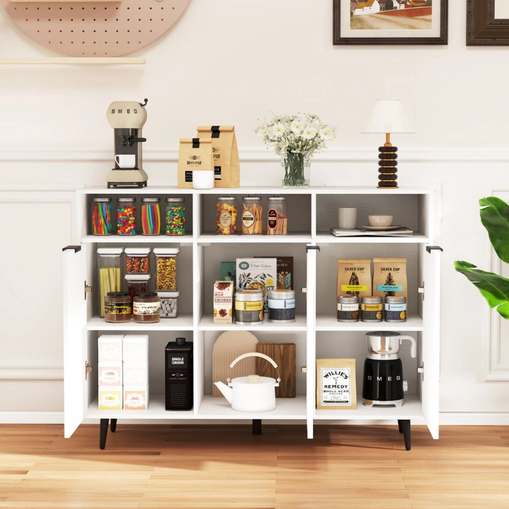 Credenza buffet laterale con 3 scomparti aperti e 3 ante, Mobile da cucina con 5 ripiani regolabili a 5 posizioni Bianco