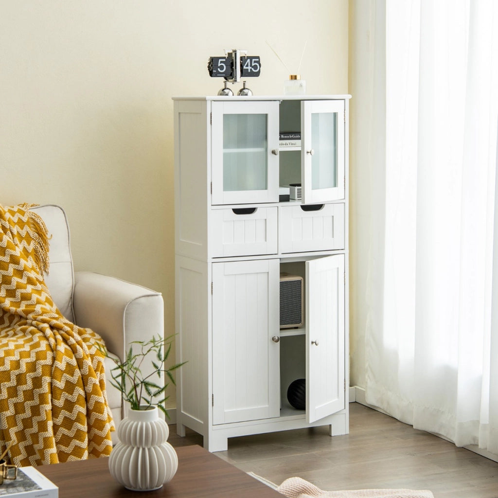 Armadio da terra con 4 ante 2 cassetti e ripiani regolabili, Mobile da bagno indipendente multifunzionale Bianco