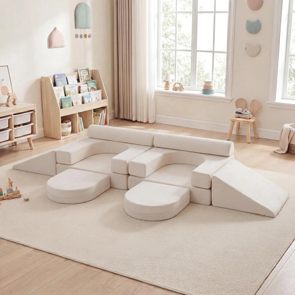 Divano da Gioco per Bambini Trasformabile, Poltrona Modulare a 10 Pezzi, Tessuto Suede e Schiuma ad Alta Elasticità, Divanetto per Bambini 3+ Anni, per Camerette, Soggiorno e Studio (Beige)