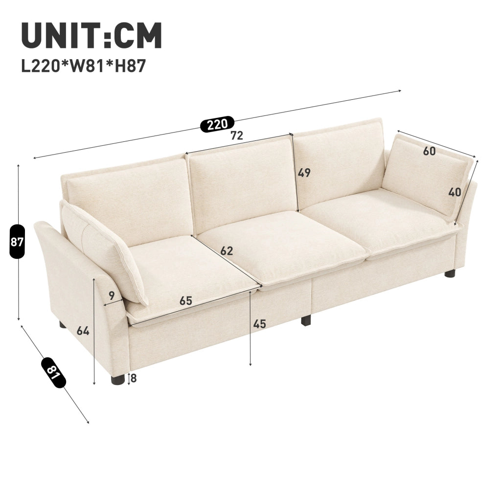 Divano 3 posti modulare in chenille beige 220 x 81 x 87 cm con cuscini bracciolo