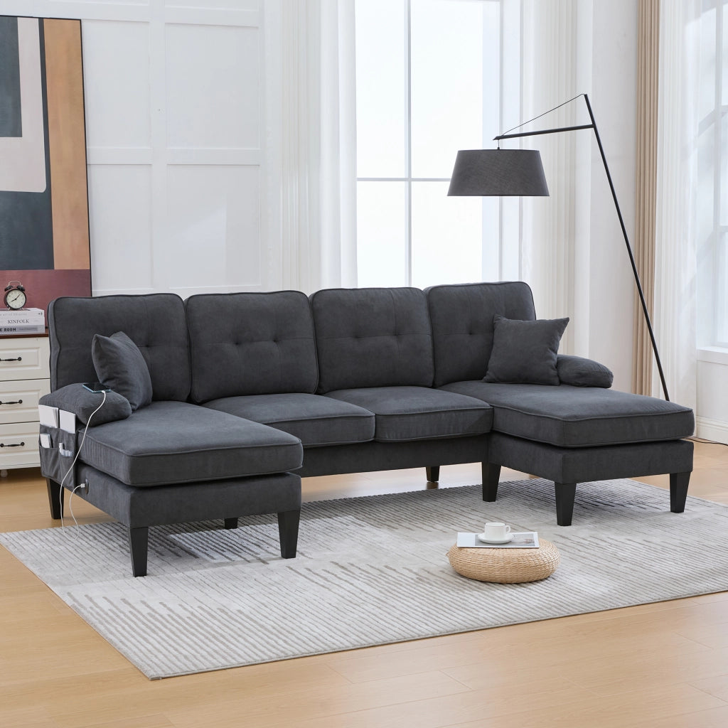DIVANO U a 4 posti 250x130x88 cm in lino grigio scuro