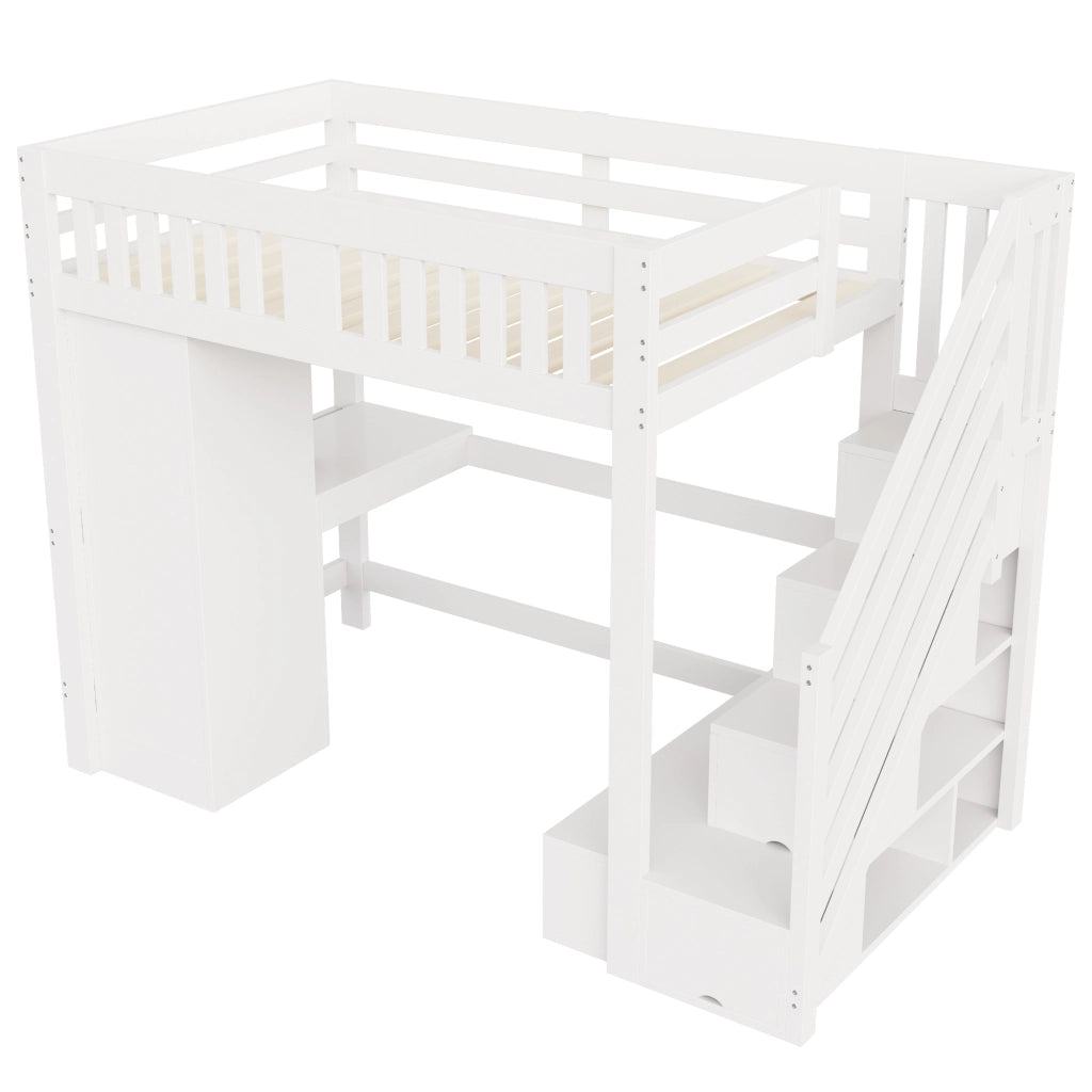 LETTO A CASTELLO 140x200 cm con scrivania, scala contenitore e LED bianco
