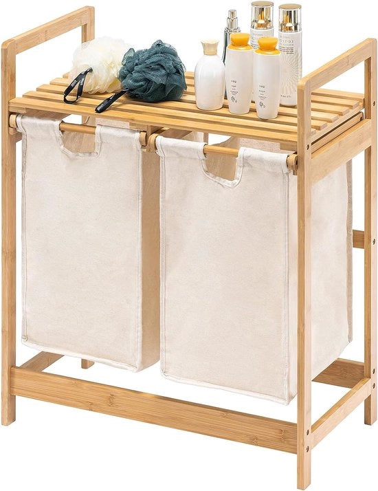 Cestello in bambù con 2 tasche estensibili - 73 x 64 x 33 cm - colore avorio