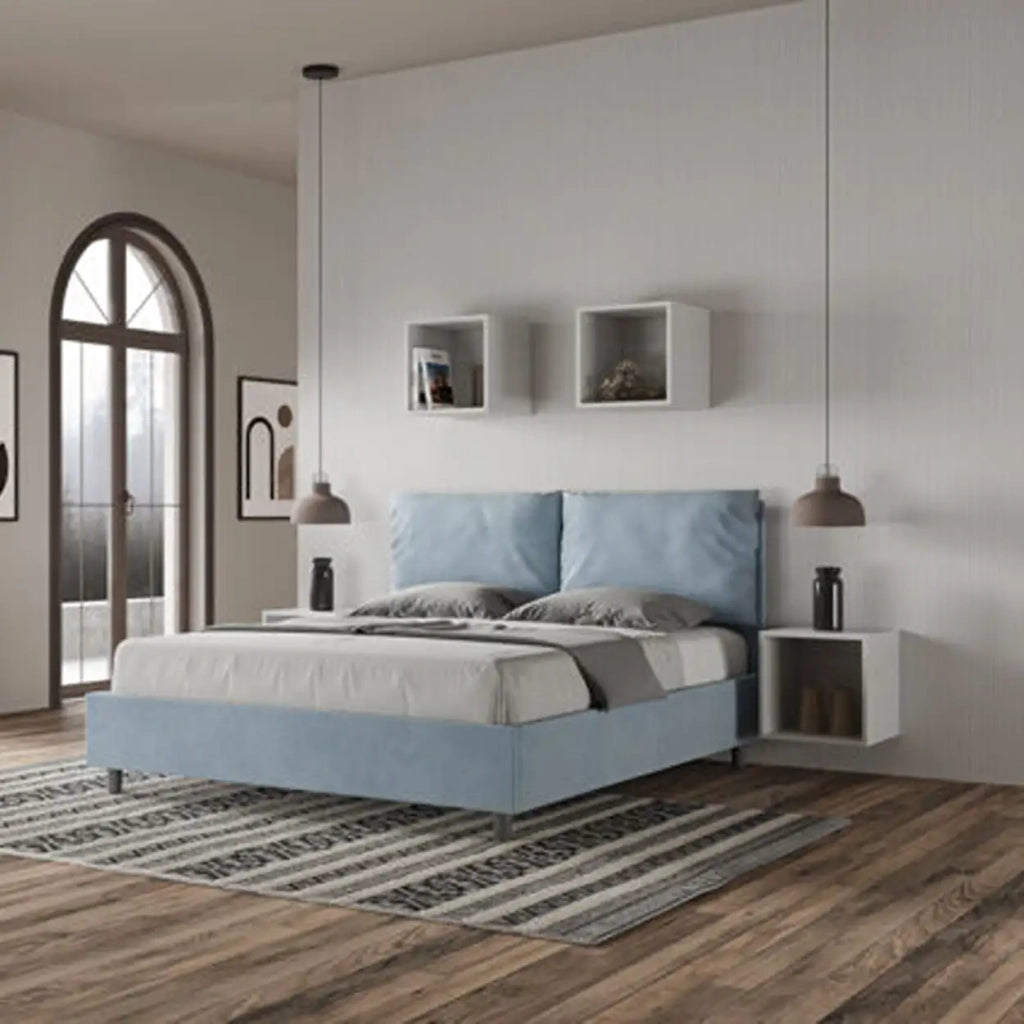 Letto matrimoniale con rete imbottito 160x200 microfibra azzurro Antea