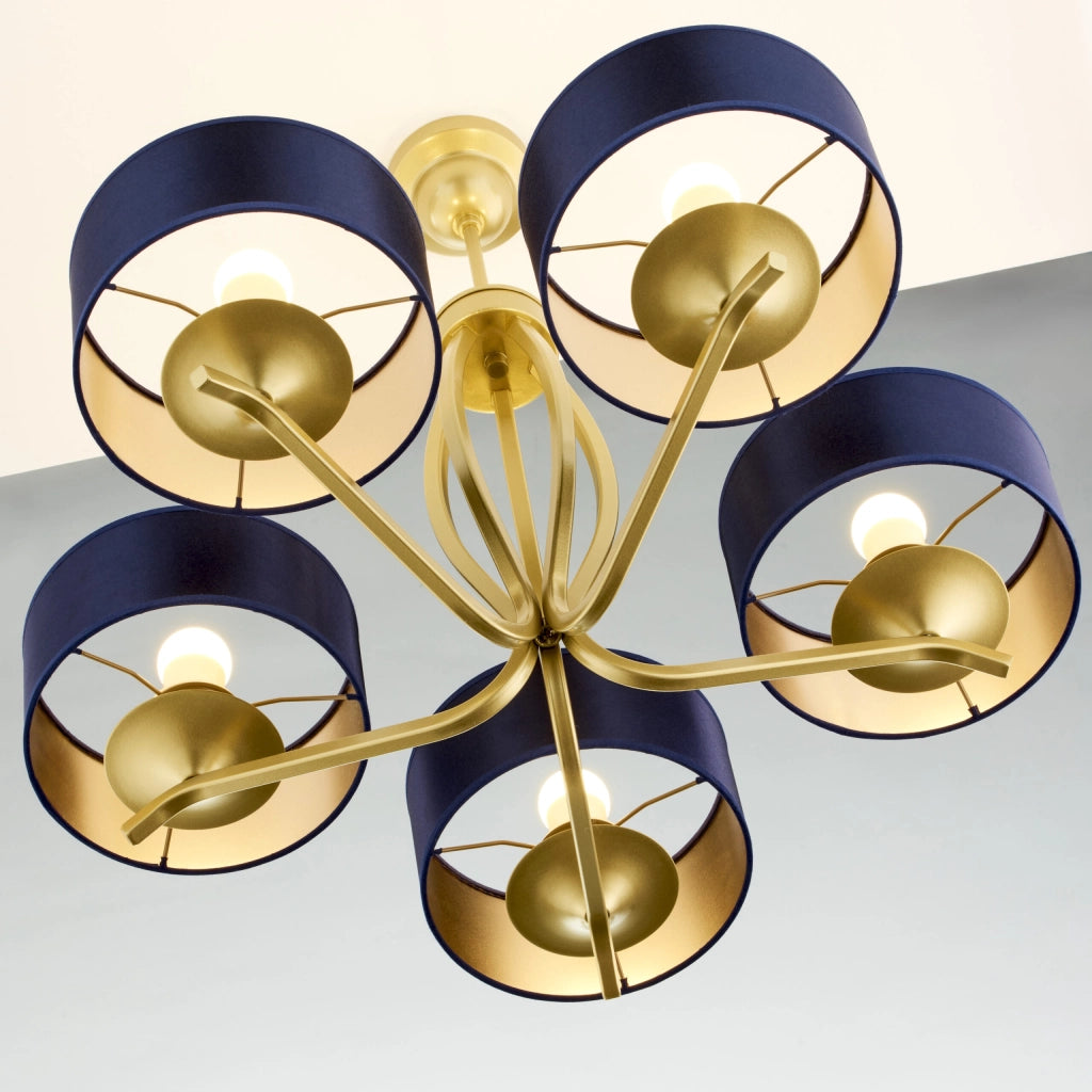 Lampadario classico oro 5 luci paralumi blu E27 Jupiter