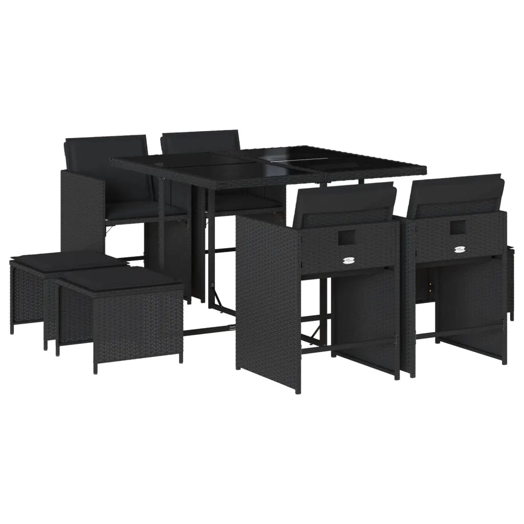 Set da Pranzo da Giardino 9 pz con Cuscini Nero in Polyrattan 3277902