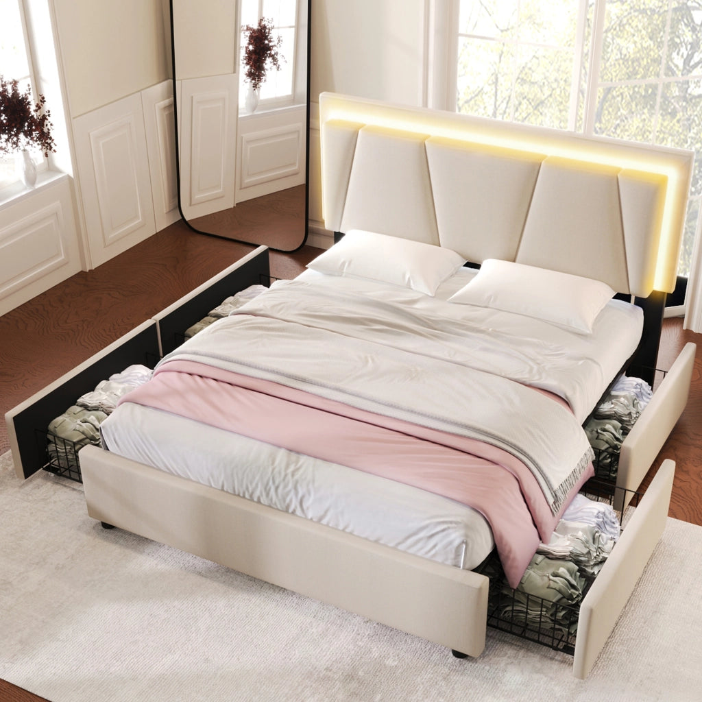 LETTO 140x200 cm Beige con testiera regolabile, LED e 4 cassetti