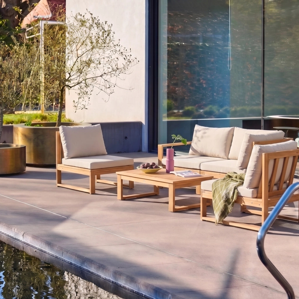 Salotto da giardino modulare in legno di acacia e tessuto beige, 4