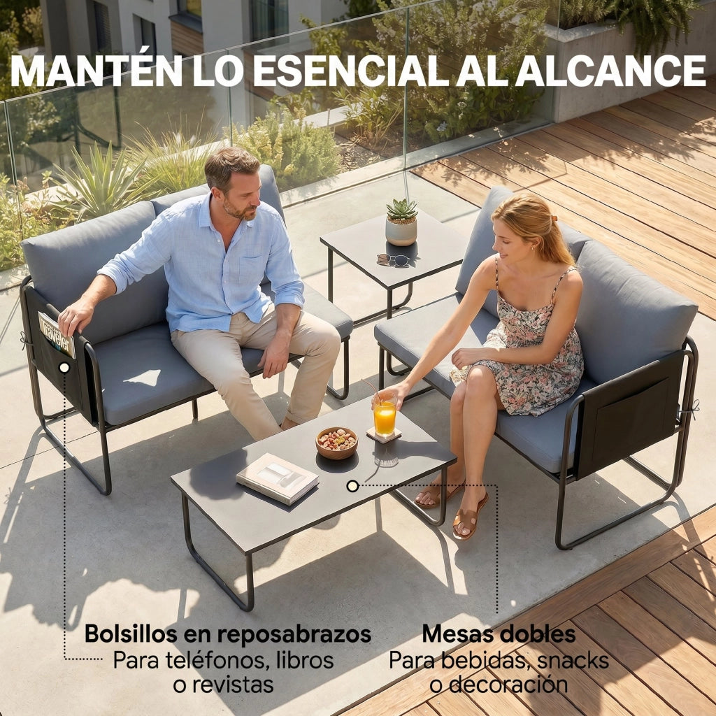 Set Giardino Esterno 4 Pezzi con 2 Divani 2 Posti 2 Tavoli in Vetro ¨C Minimal ¨C Grigio