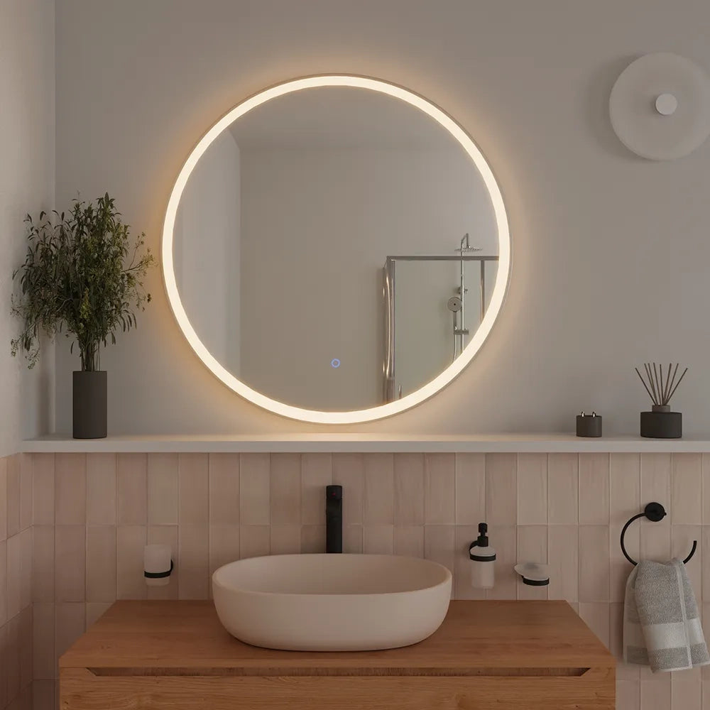 Specchio led tondo Ø 100 cm cornice bianco opaco touch screen luce calda/fredda