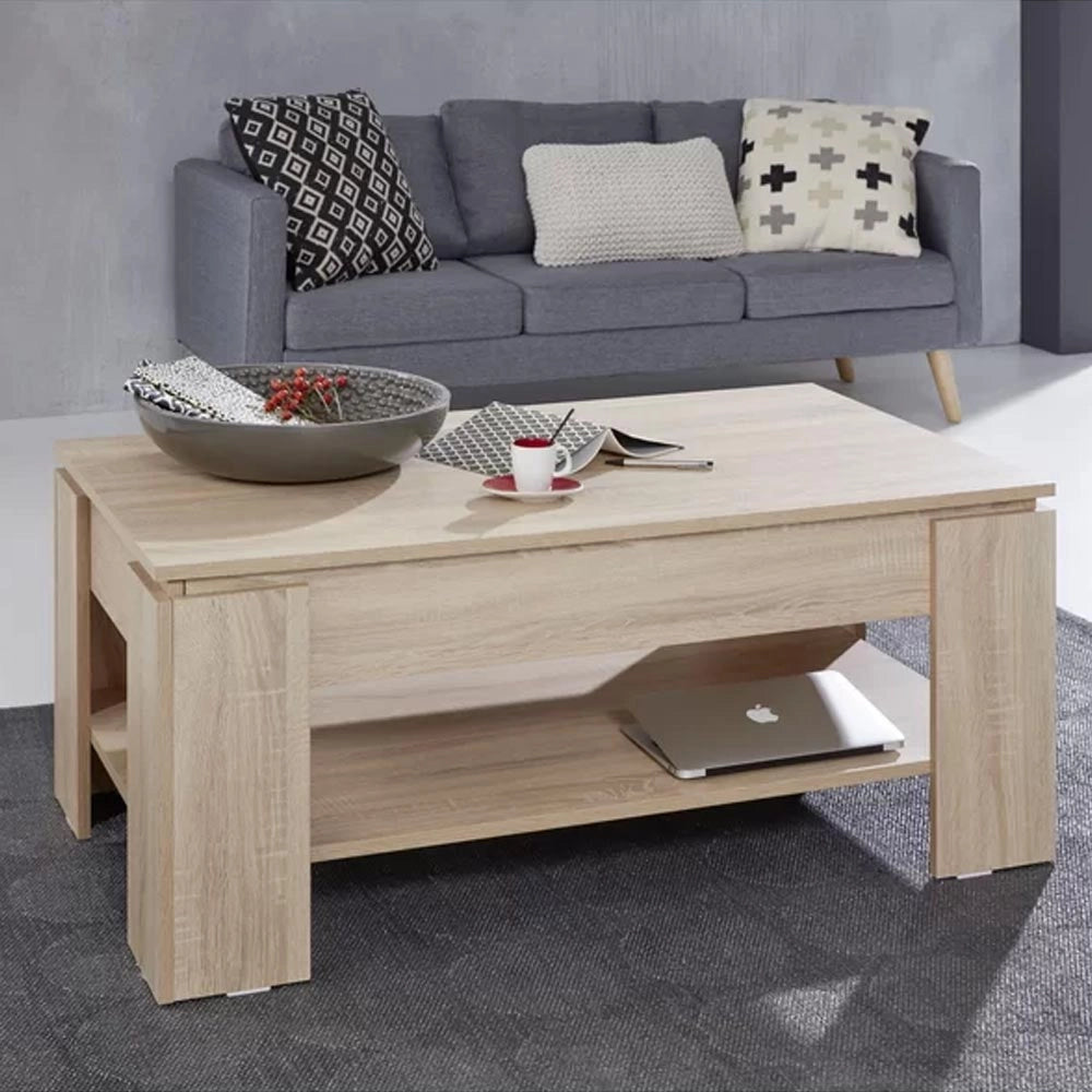 Tavolino Soggiorno con Rialzo Contenitore Tavolo Salotto Moderno Apribile Beige