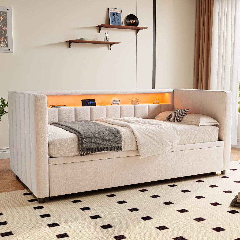 LETTO Estraibile 90x190 cm in velluto Beige con LED e USB-Type-C