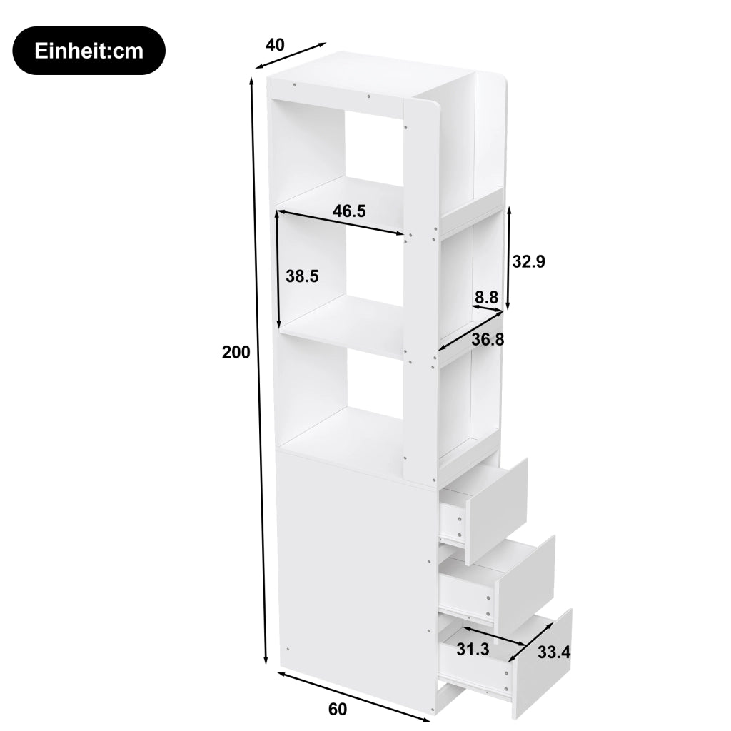 Libreria con 3 vani aperti e 3 cassetti; antiribaltamento - per studio - 60×40×200 cm - bianco