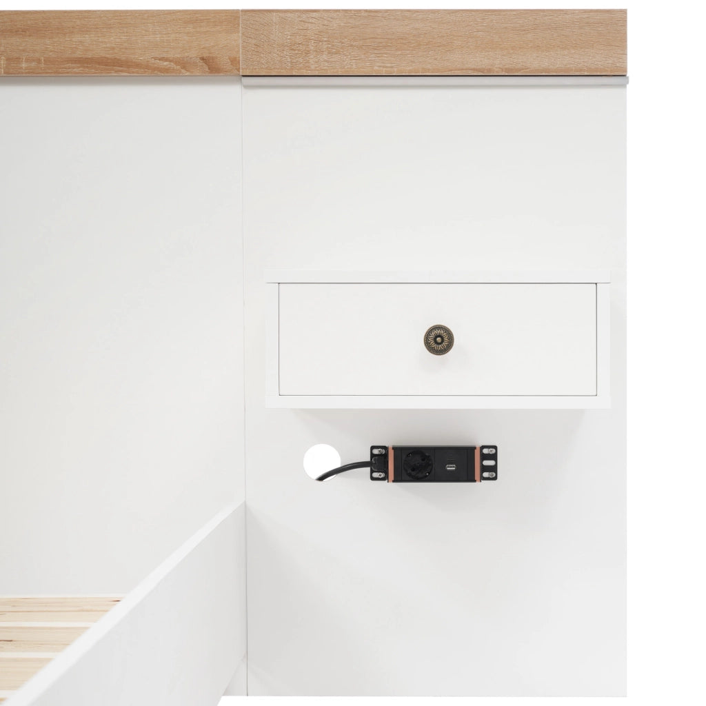 Letto Matrimoniale 140x200 cm - 2 Comodini LED; USB e Type-C - in Legno - Bianco Rovere