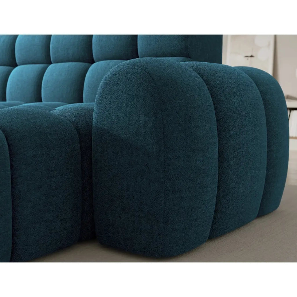 Divano ad angolo convertibile BULLA 3 posti blu angolo destro - tessuto bouclé con estensione della seduta elettrica