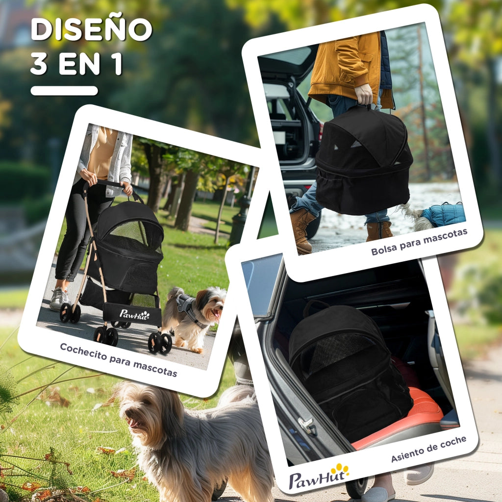 Carrello per Cani Piccoli 3 in 1 ¨C Xylo ¨C Rimovibile con Cestino e Cuscino Nero