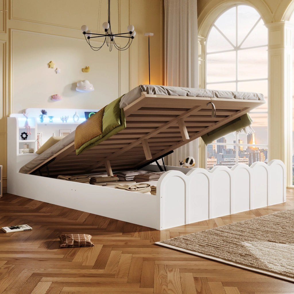 Letto Contenitore Imbottito con LED e USB ¨C MINIMAL ¨C Bianco 140x200