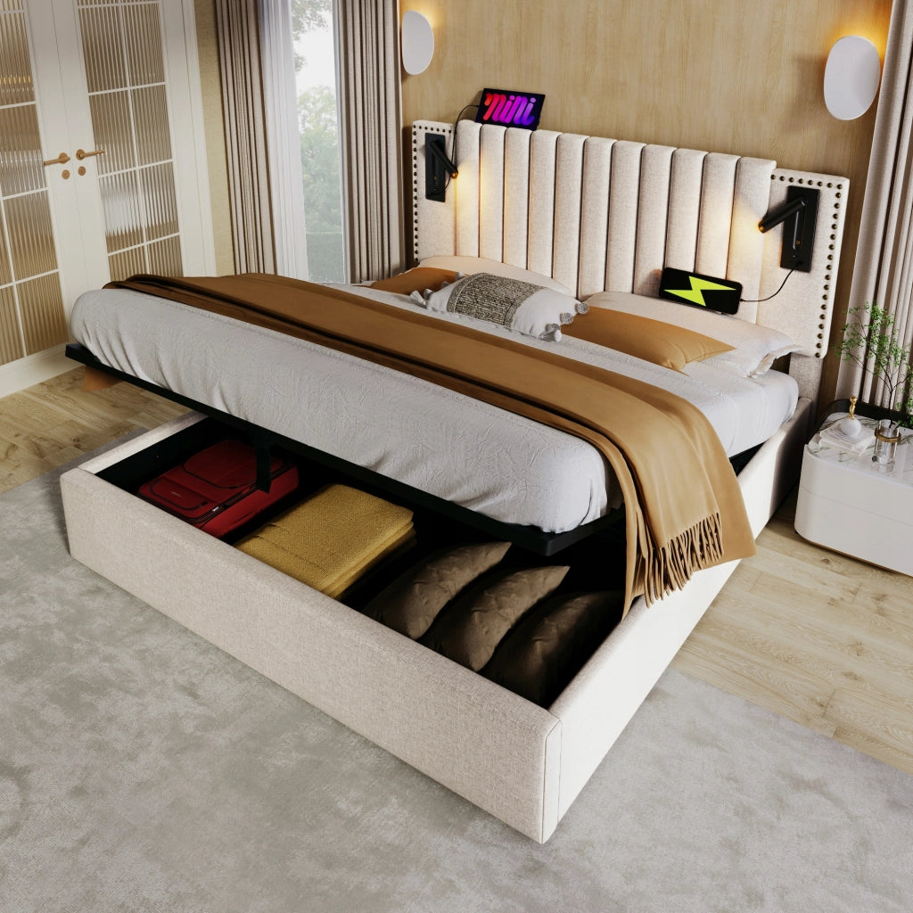 Letto imbottito con contenitore e luce - Xylo - 180x200 - Beige