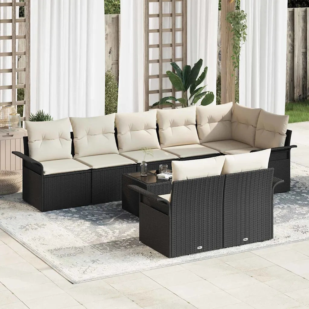 Set Divano da Giardino con cuscino 9 pcs Nero polyrattan
