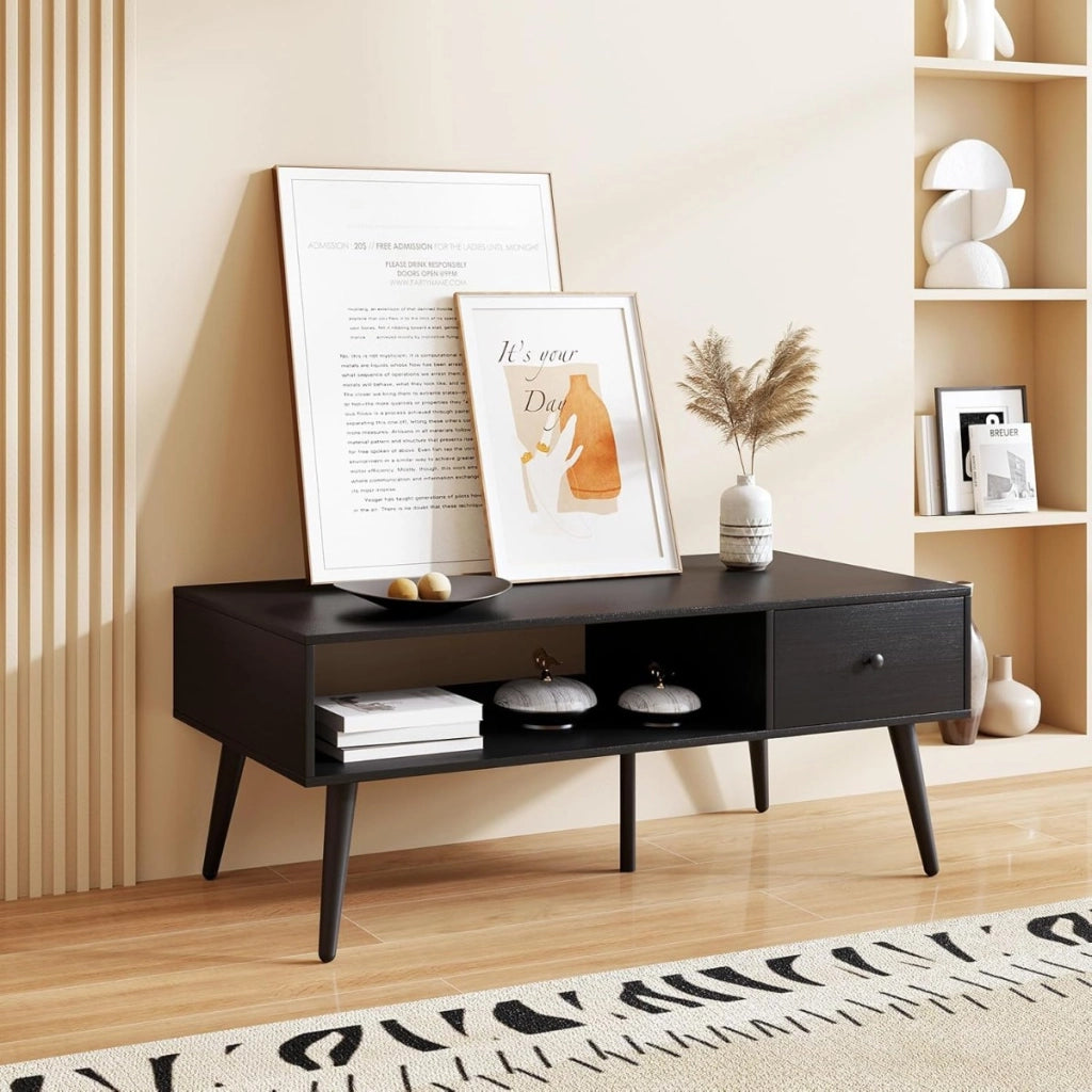 Tavolino moderno mid-century con 1 cassetto e mensola, Tavolino da caff¨¨ per salone e reception Nero-Tavolini