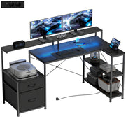 Scrivania Gaming Angolare con LED e Prese ¨C zephmum ¨C Nero 165x80x91,5 cm