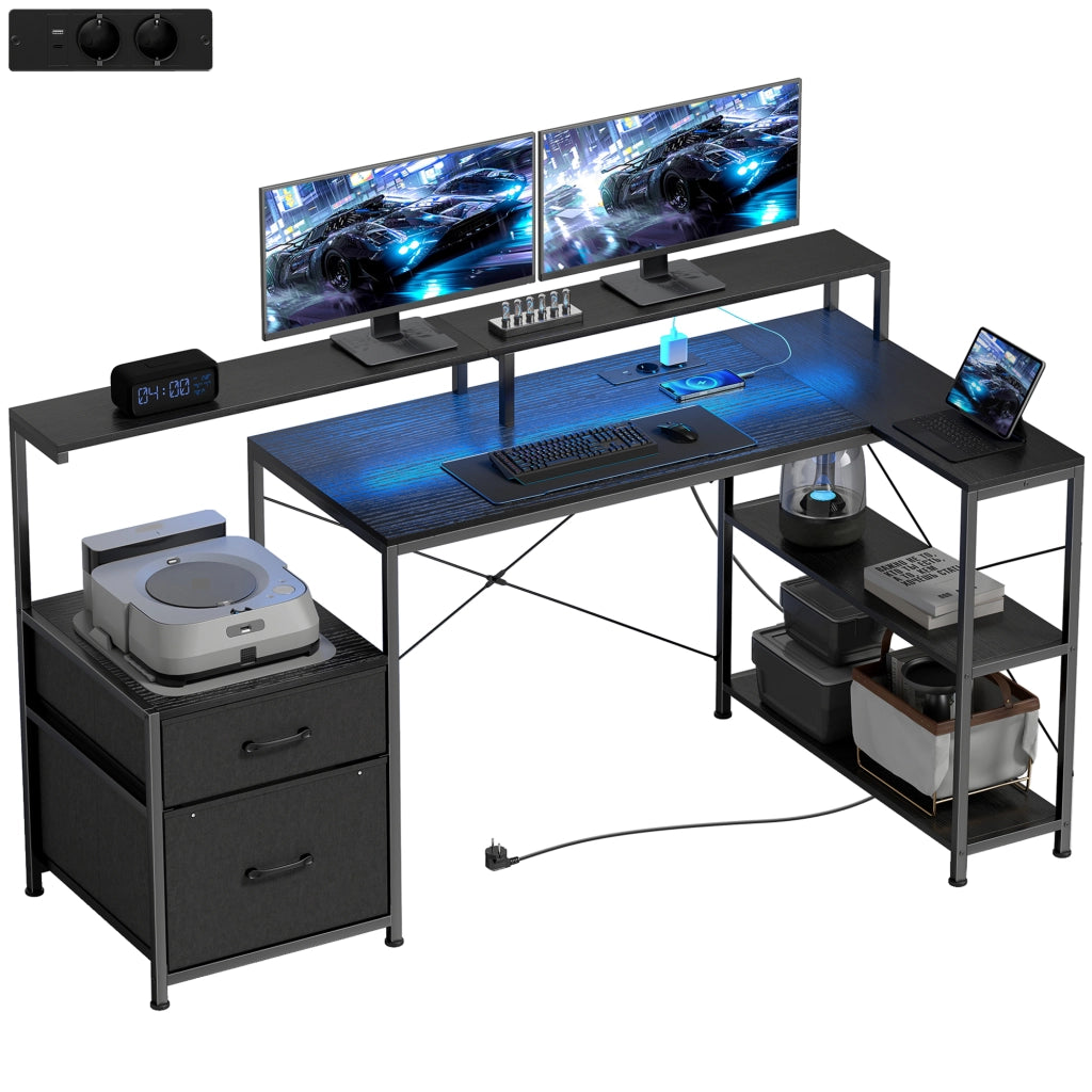Scrivania Gaming Angolare con LED e Prese ¨C zephmum ¨C Nero 165x80x91,5 cm