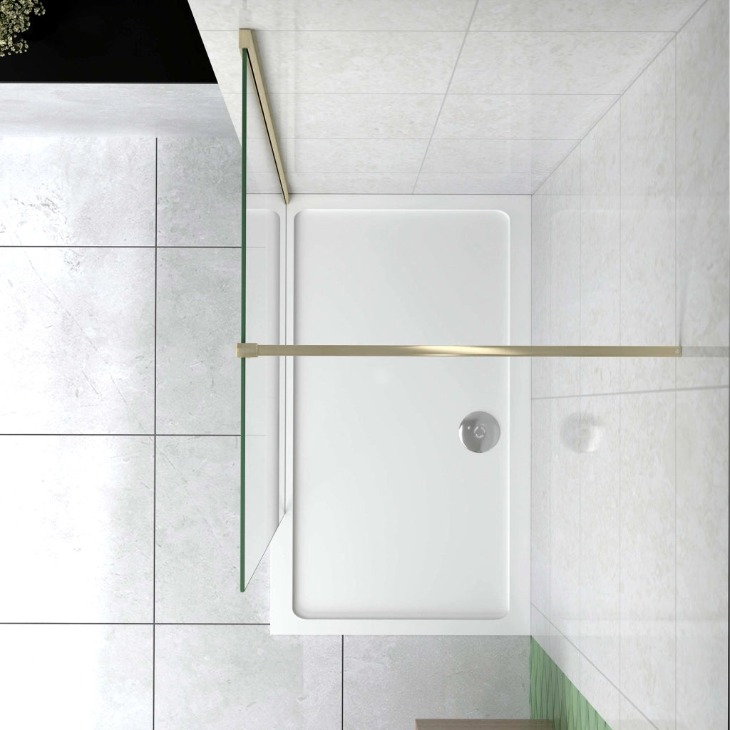 Box Doccia Walk In 80x200 cm Parete Fissa Vetro 10 mm Trasparente Anticalcare Oro Spazzolato Barra Stabilizzatrice 140 cm