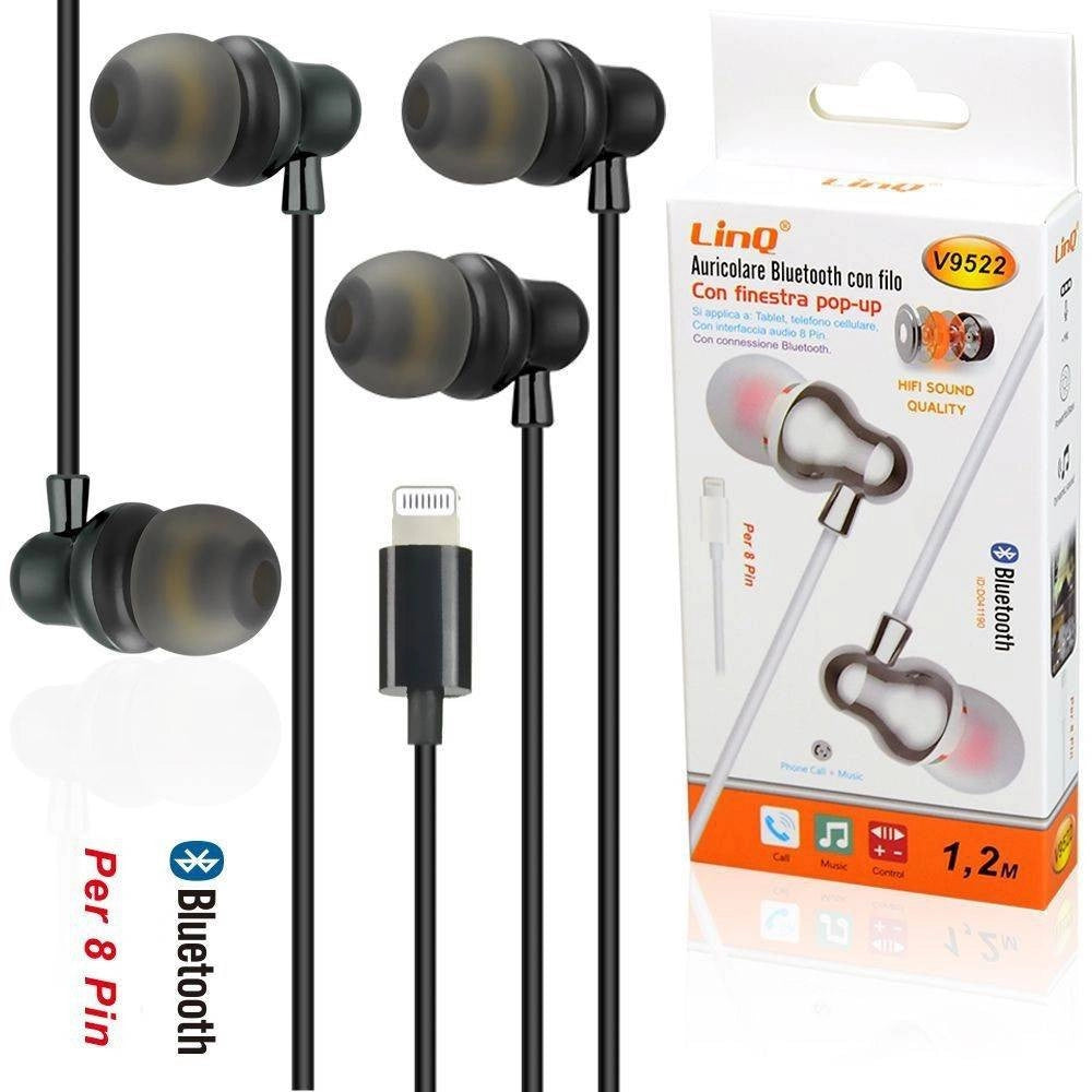 Trade Shop - Auricolari Cuffie Bluetooth Stereo Filo 1.2mt Con Microfono Mp3 Lightning V9522 -