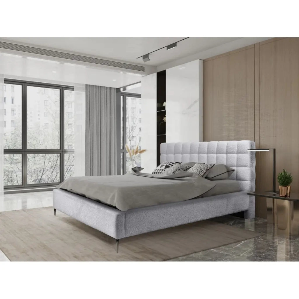 Letto MILLIO – Bianco – 180x200 cm – Tessuto bouclé in ciniglia – Rete inclusa – Comfort alberghiero 5 stelle