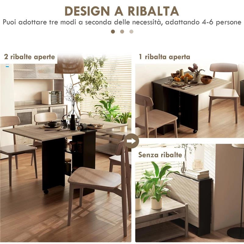 TAVOLO PIEGHEVOLE CONSOLLE PER 4-6 PERSONE CON RUOTE E RIPIANI, 140X75X74CM, ROVERE E NERO
