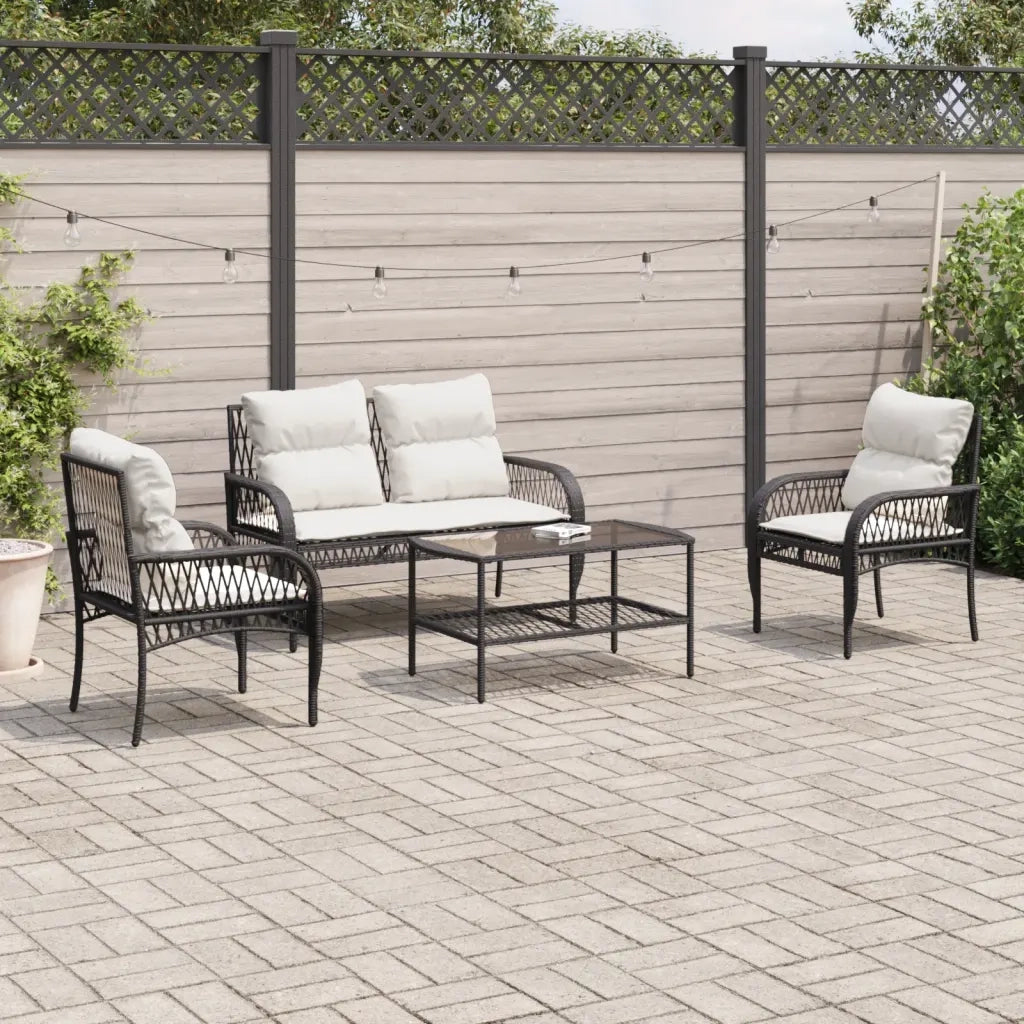 Set Divani da Giardino 4 pz | Set Salotto da Giardino con Cuscini Nero in Polyrattan