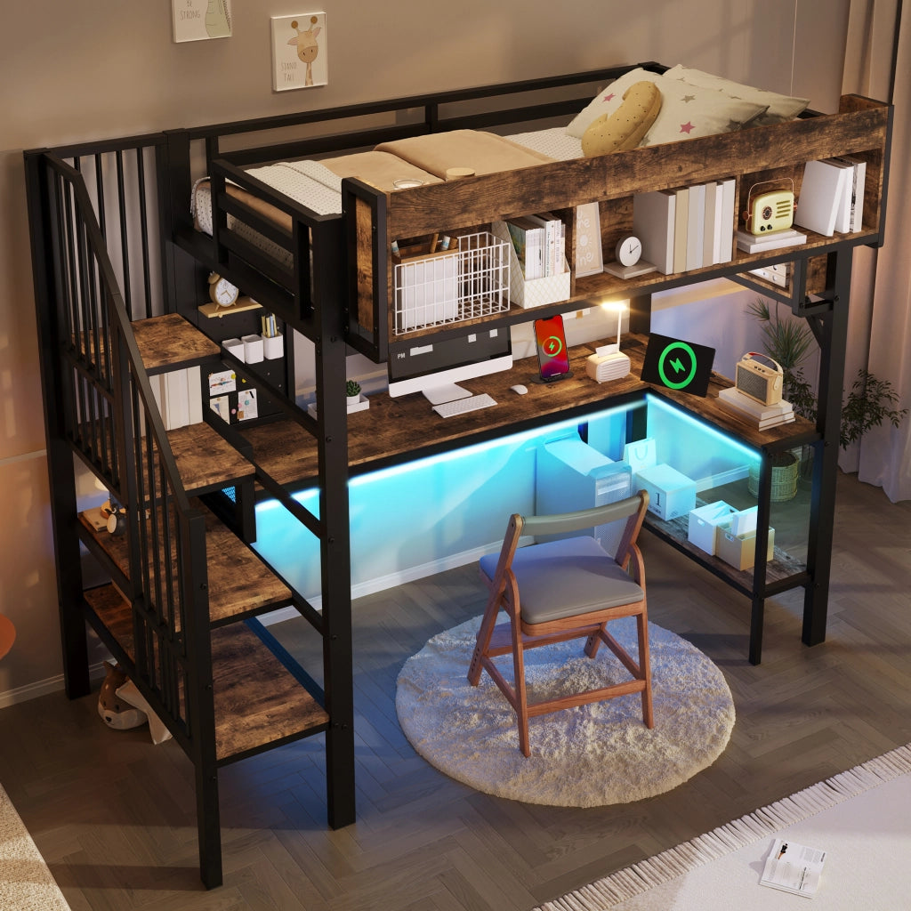 Letto a Soppalco con Scrivania e LED ¨C MINIMAL ¨C 90x200, Legno, Nero, Presa USB