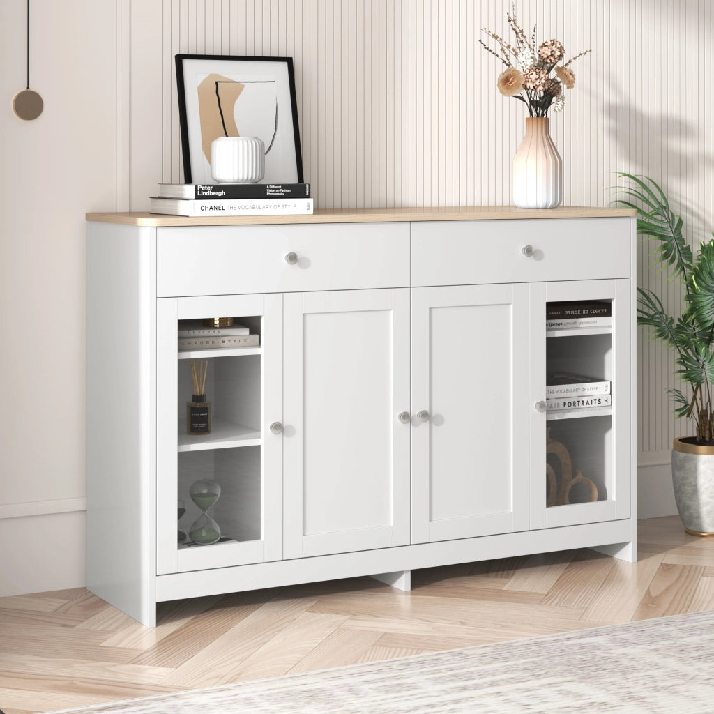 Credenza 4 Ante con Vetro e 2 Cassetti ¨C MINIMAL ¨C Legno e Bianco