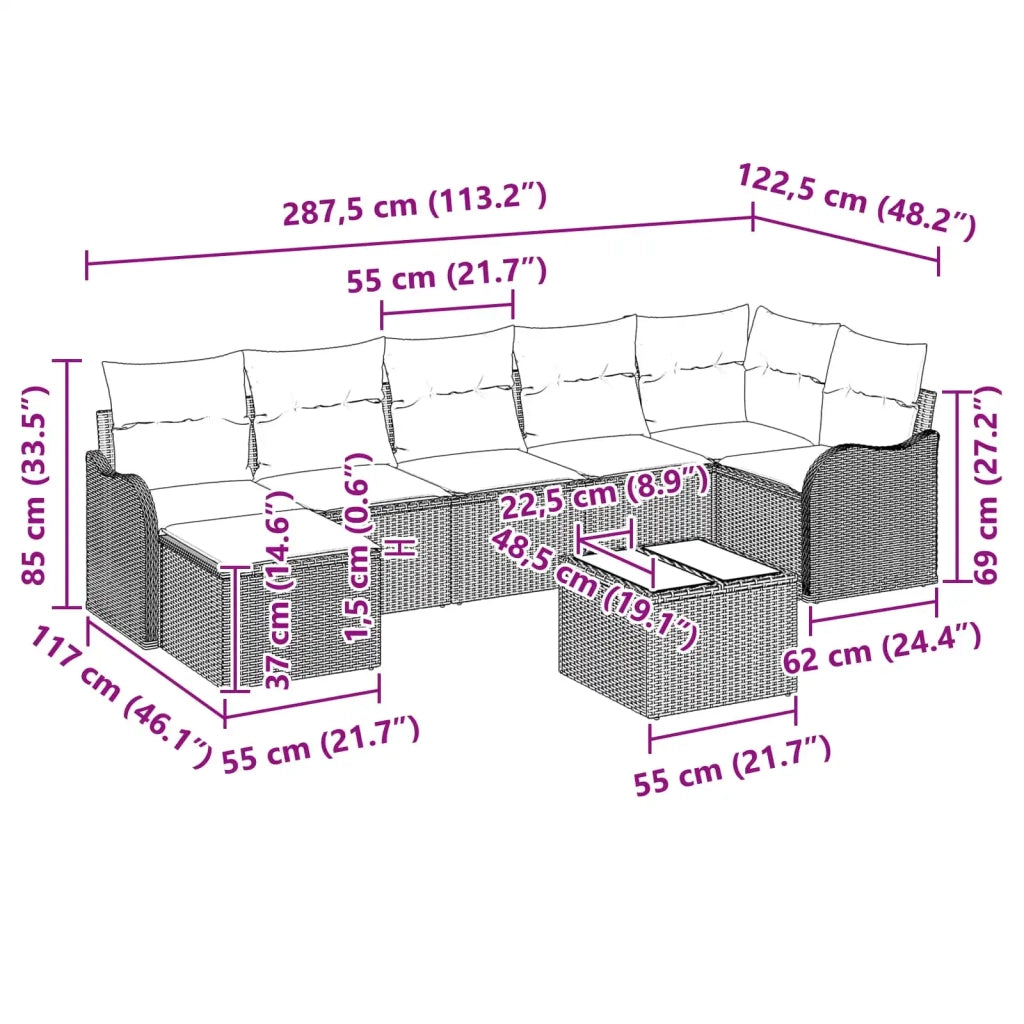 Set Divano da Giardino con cuscino 8 pcs Grigio Poly Rattan 3345805