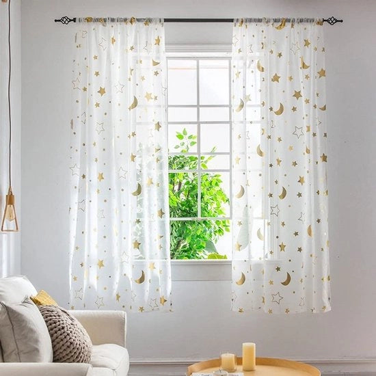 Tende 1 m lunghezza - Voile - Transparente - Camera femminile - Disegno luna/stelle - 100% Nuovo - 1 pannello 1 m x 1,3 m - Decorazione per finestre
