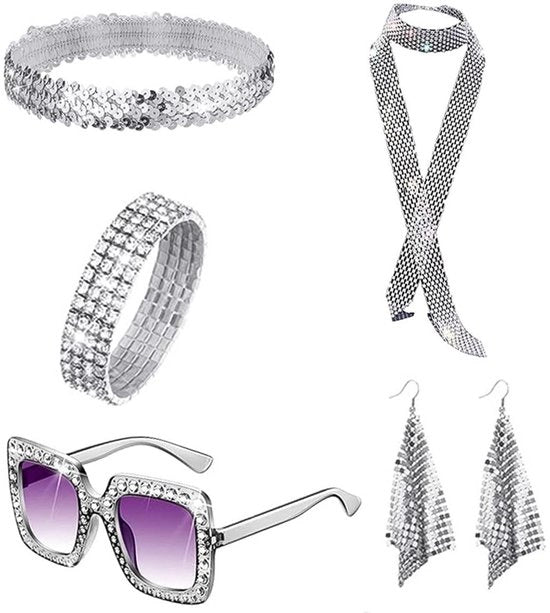 Set accessori disco 6 pezzi - Cintura - Occhiali da sole - Orecchini - Bracciali - Sciarpa glitter - Accessori anni '70